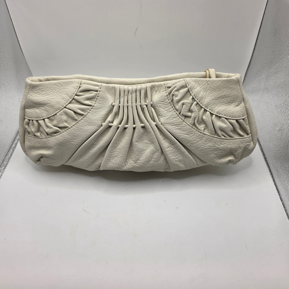 White House Black Market Cream Leather Tassel Clutch Pleated Ruched Evening Bag - Picture 2 of 8